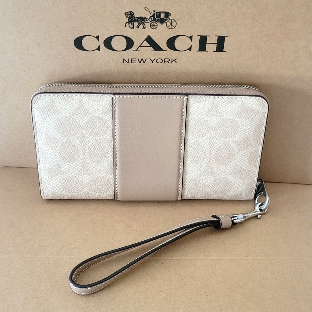 Coach CW947 Long Zip Around Wallet Signature Stripe Clutch Wristlet Sand Taupe - Picture 4 of 5